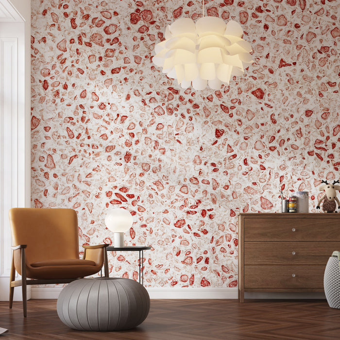 Une pièce moderne avec un papier peint texturé aux motifs de pierres rouges et blanches, créant une atmosphère chaleureuse et naturelle.