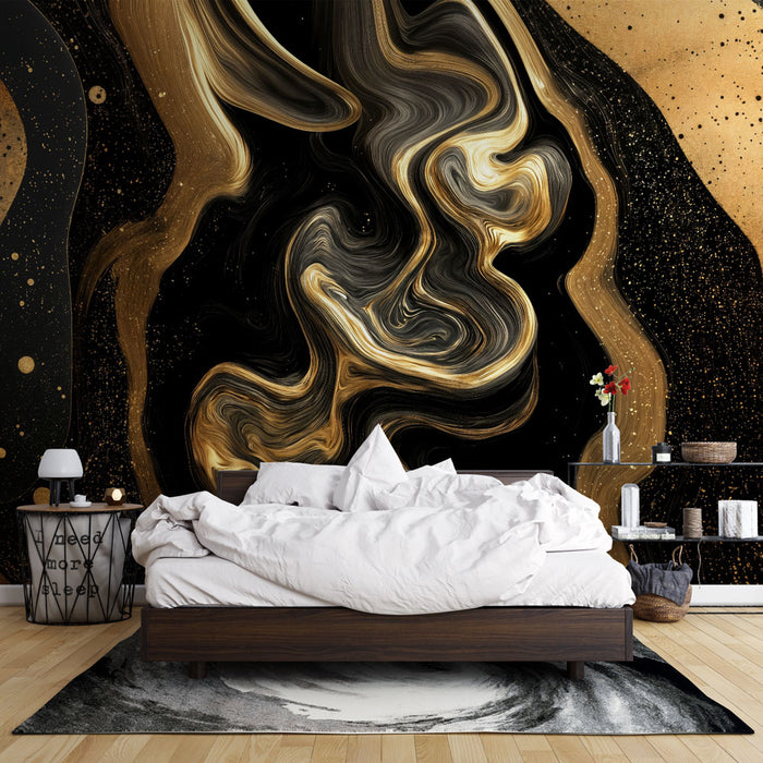 Papier peint abstrait | Noir et Doré Tourbillonnant