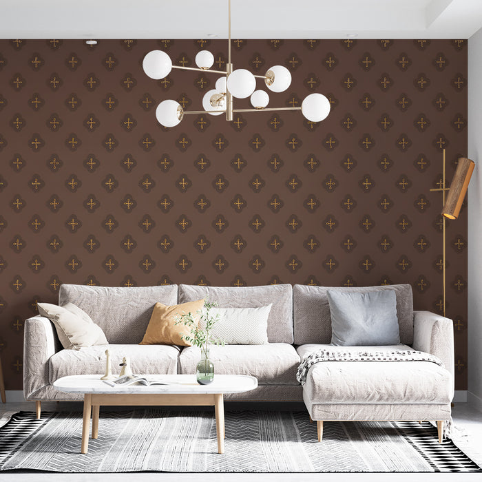 Papier peint motif floral | Éléments dorés sur fond marron