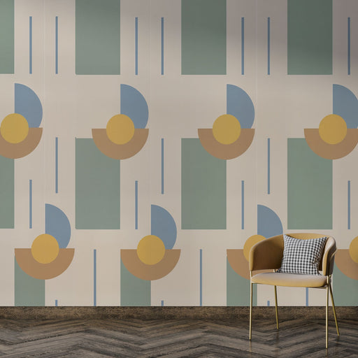 Un salon moderne avec un papier peint géométrique aux formes colorées et harmonieuses, évoquant une ambiance artistique et dynamique.