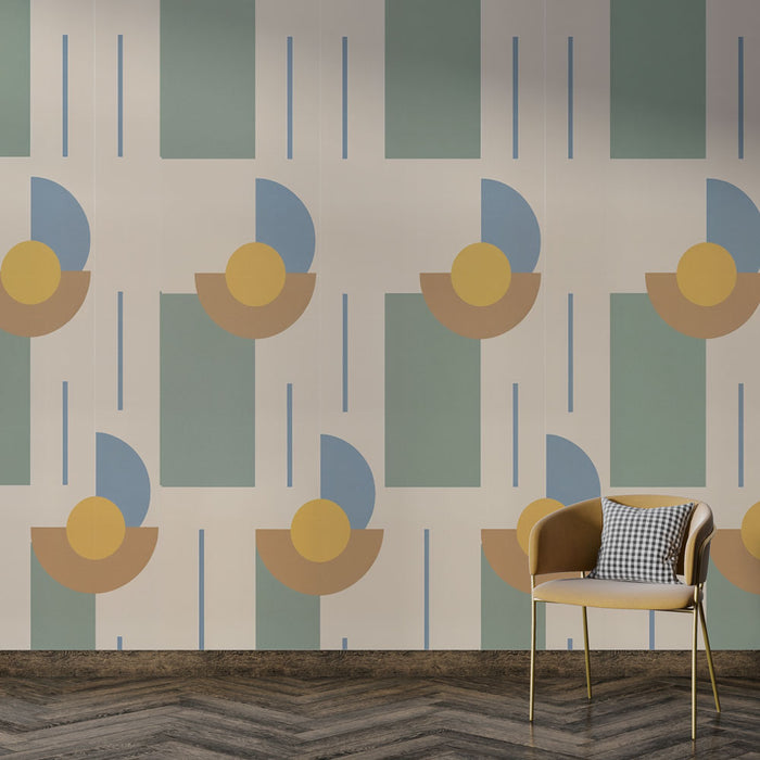 Un salon moderne avec un papier peint géométrique aux formes colorées et harmonieuses, évoquant une ambiance artistique et dynamique.
