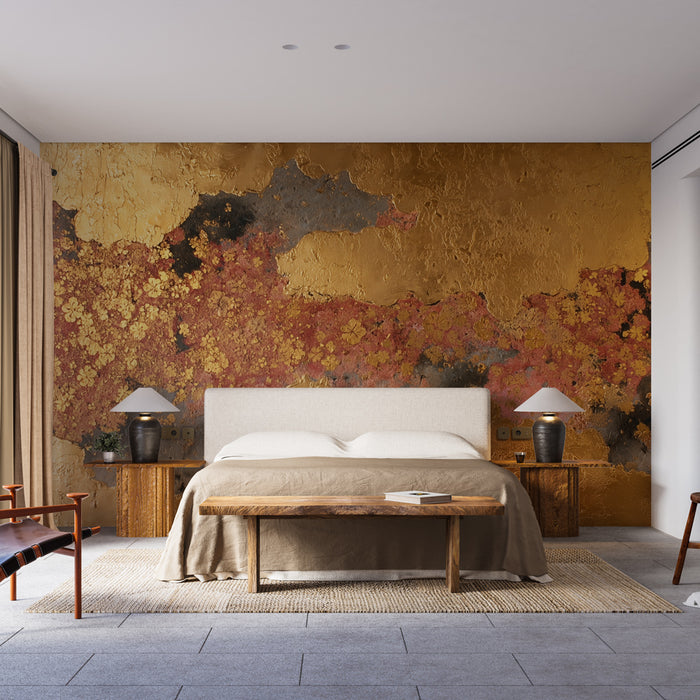 Papier peint fleuri doré | Élégance florale sur fond texturé