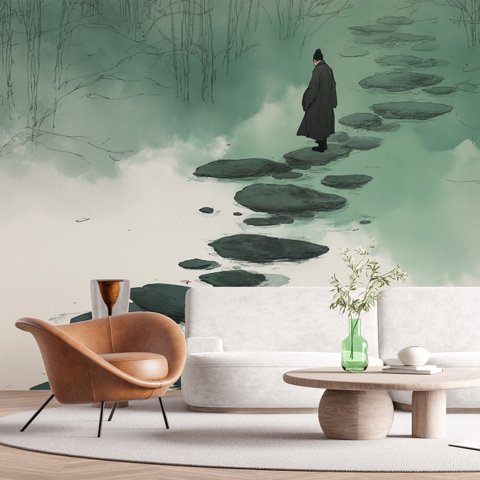 Une pièce moderne avec un papier peint illustratif représentant un chemin de pierres sur un fond vert apaisant, évoquant une atmosphère contemplative et sereine.