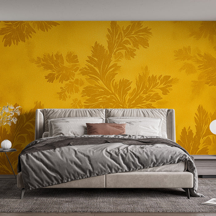 Papier peint floral | Motif doré sur fond jaune