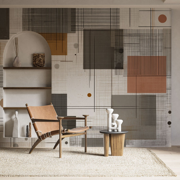 Un salon moderne avec un papier peint abstrait aux formes géométriques en gris, terracotta et beige, créant une atmosphère artistique et contemporaine.