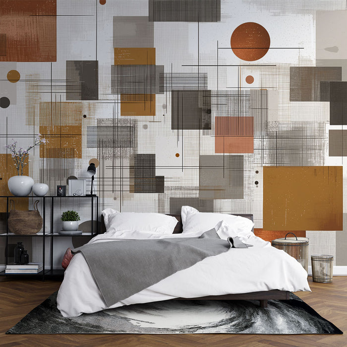 Une chambre moderne avec un papier peint abstrait aux motifs géométriques en nuances de beige, marron et orange, créant une atmosphère chaleureuse et contemporaine.