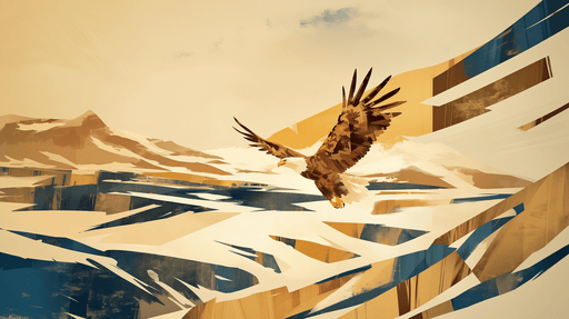 Papier peint artistique représentant un aigle en plein vol sur un paysage abstrait aux teintes dorées et bleues, évoquant une atmosphère dynamique et inspirante.