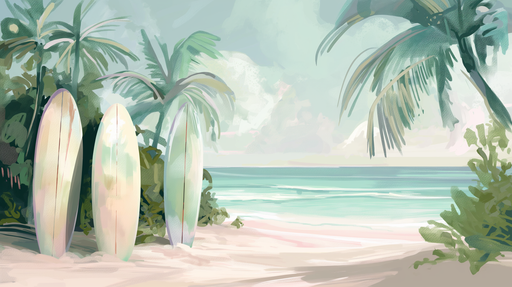 Papier peint tropical aux teintes douces représentant des planches de surf et des palmiers, évoquant une ambiance estivale et relaxante.