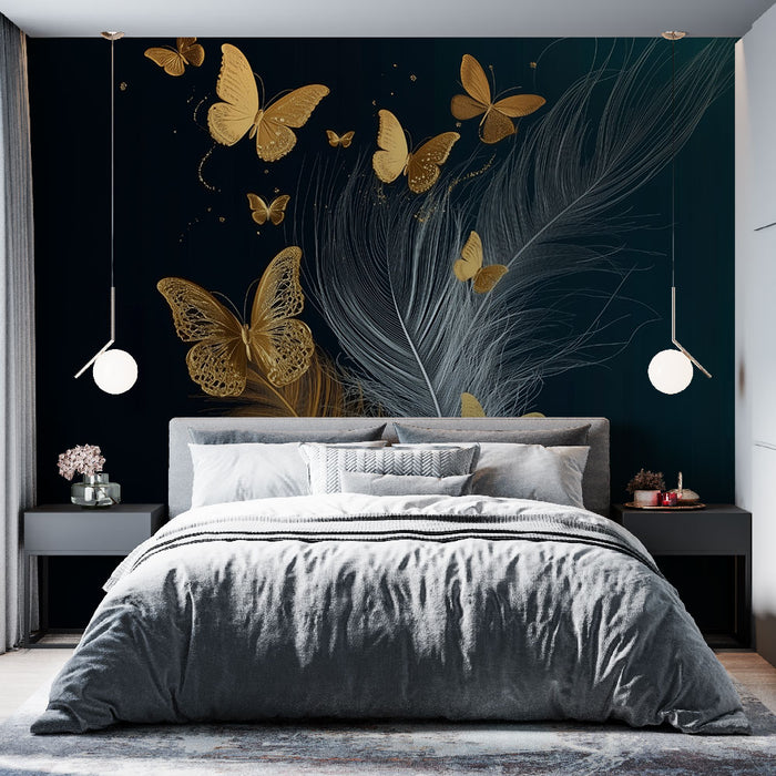 Papier peint papillons | Élégance dorée sur fond noir