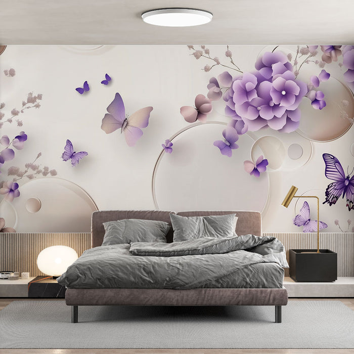 Papier peint floral avec papillons | Élégance et douceur en violet