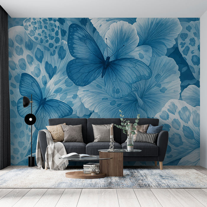 Papier peint papillons bleus | Élégance florale et animale