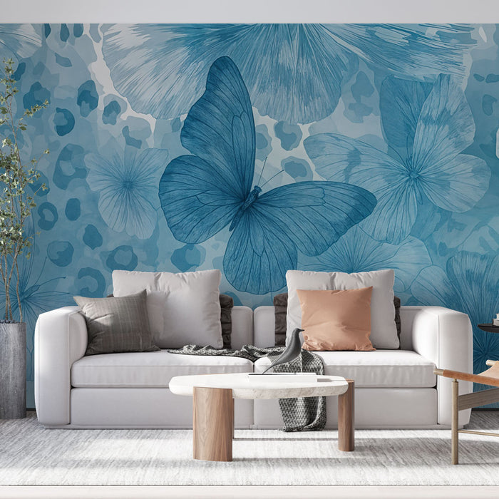 Papier peint papillon | Design floral bleu