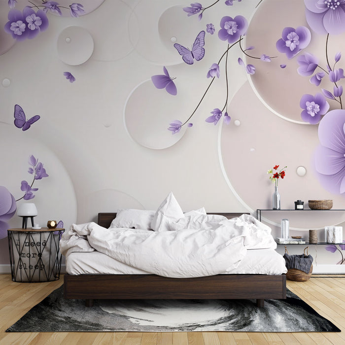 Papier peint floral | Design floral violet et papillons