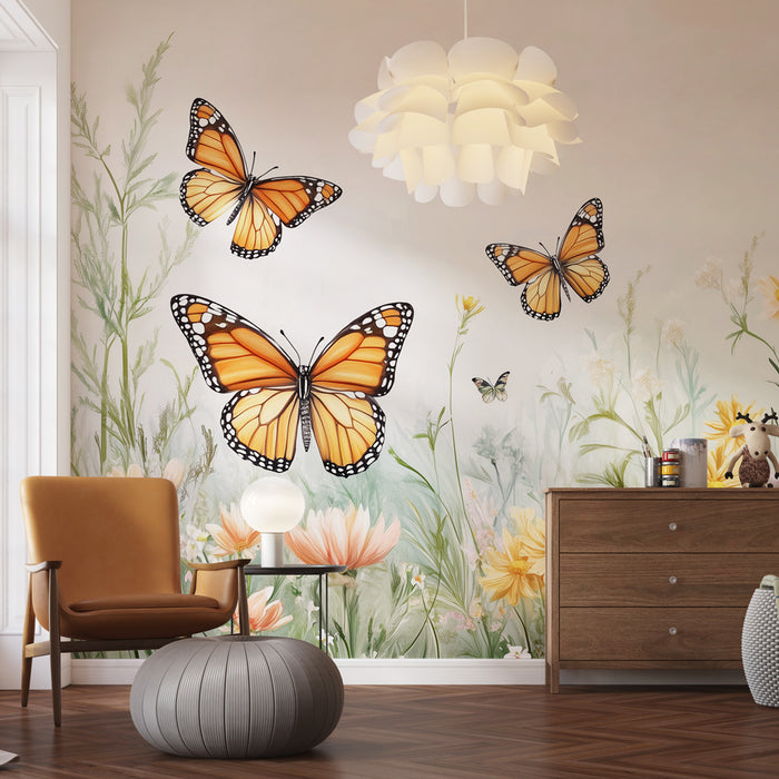 Papier peint mural avec papillons orange et fleurs sauvages pour salon moderne