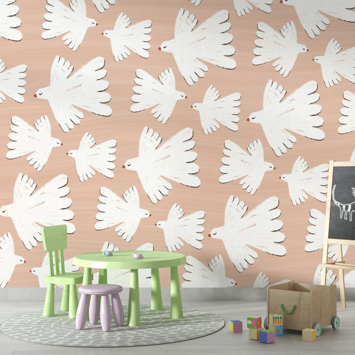 Papier peint motif oiseau | Colombes blanches sur fond pastel