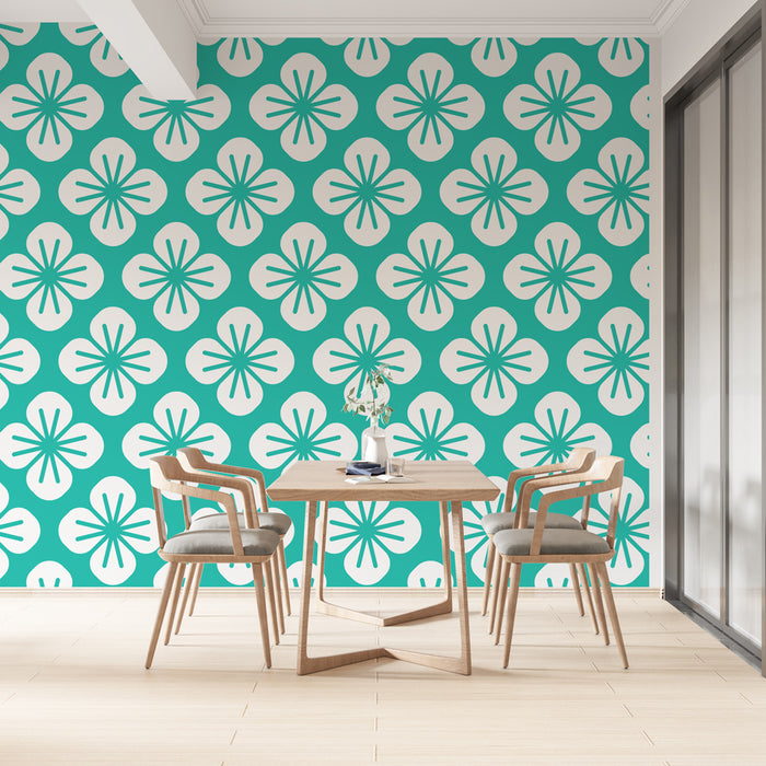 Papier peint floral | Motif floral turquoise et blanc