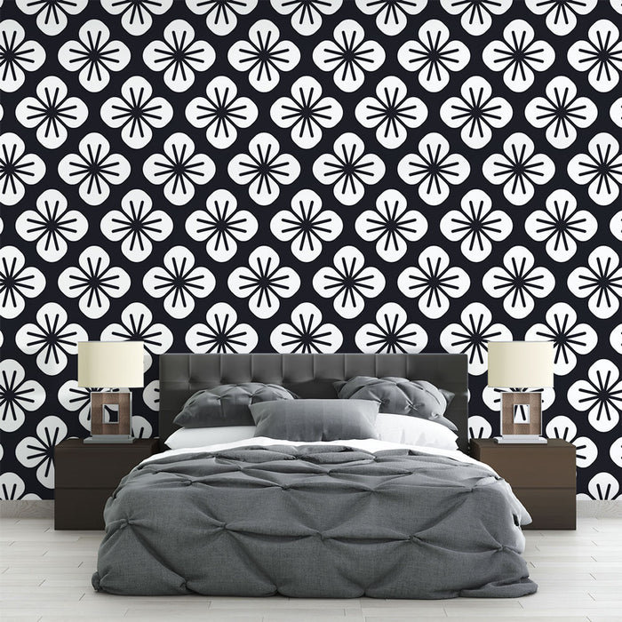 Papier peint floral | Motif floral noir et blanc