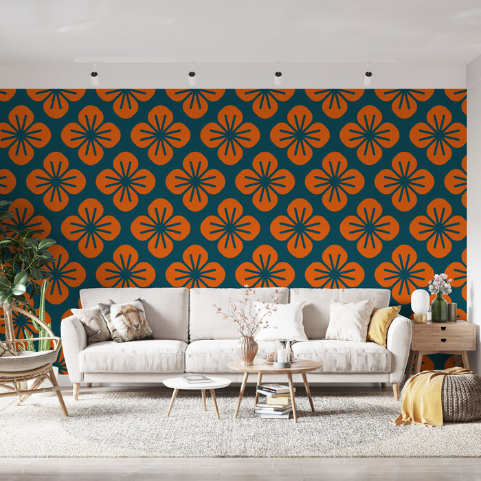 Papier peint floral | Motif orange et bleu foncé