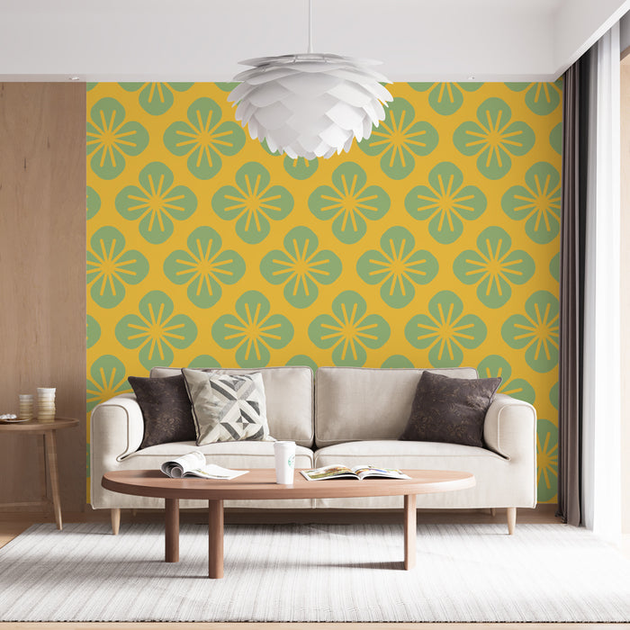 Papier peint floral | Motif rétro vert et jaune