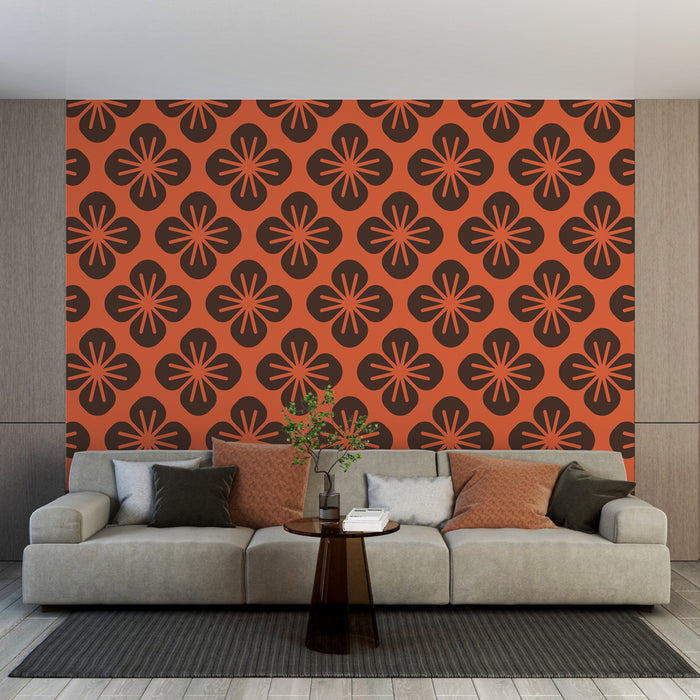 Papier peint floral | Motif rétro orange et noir