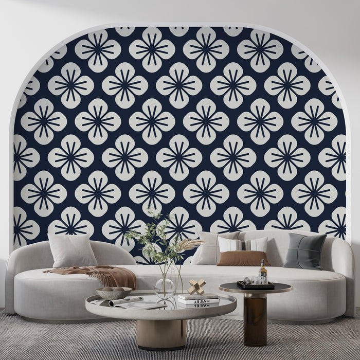 Papier peint floral | Motifs floraux navy et blanc