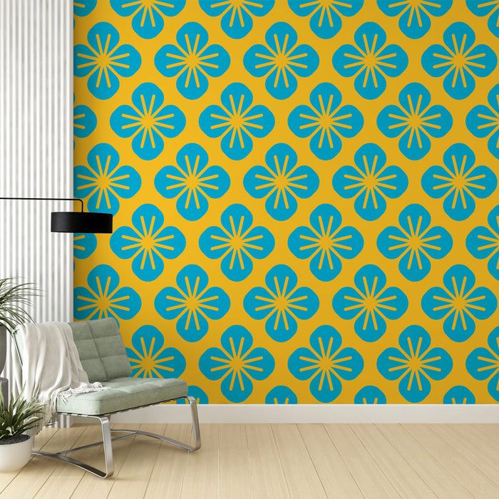 Papier peint floral | Motif bleu et jaune vibrant