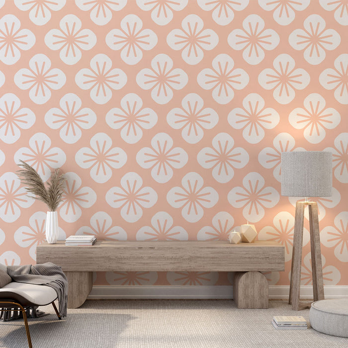 Papier peint floral | Motif floral beige et rose