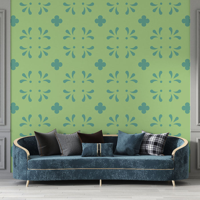 Papier peint floral | Motif géométrique vert et bleu