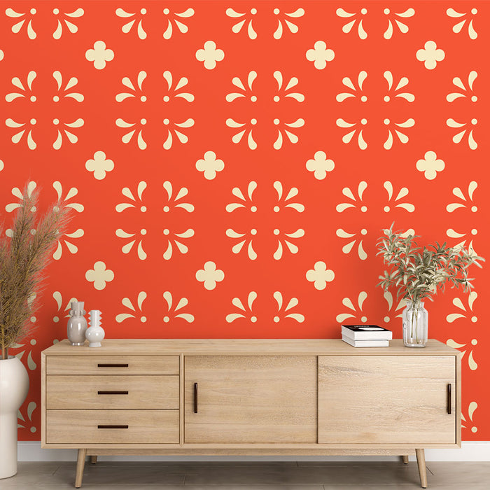 Papier peint floral | Motif rétro orange et crème