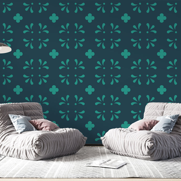 Papier peint floral | Motif turquoise sur fond bleu