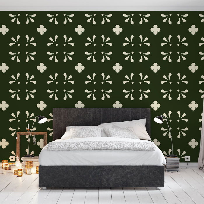 Papier peint floral | Motifs vintage en vert et crème