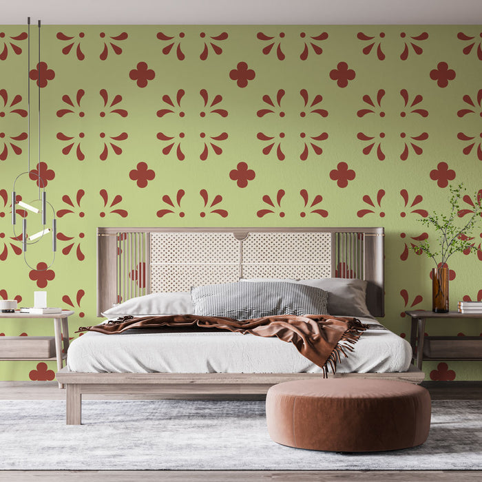 Papier peint motifs floraux | Rouge sur fond vert