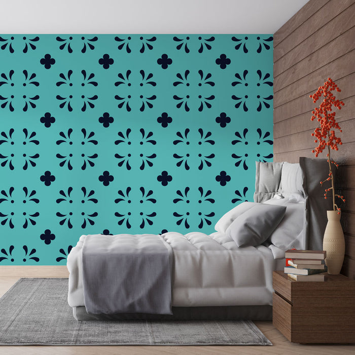 Papier peint floral géométrique | Motifs noirs sur fond turquoise