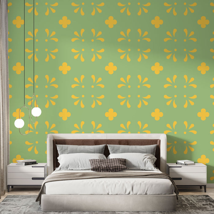 Papier peint floral | Motif jaune sur vert