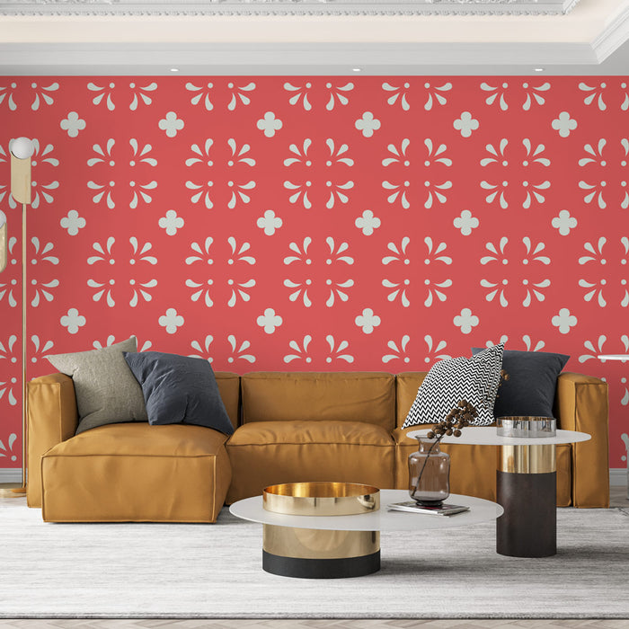 Papier peint floral | Motif géométrique sur fond corail