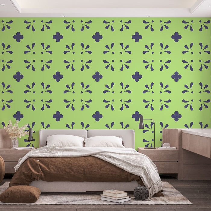 Papier peint géométrique | Motif fleuri vert et bleu marine