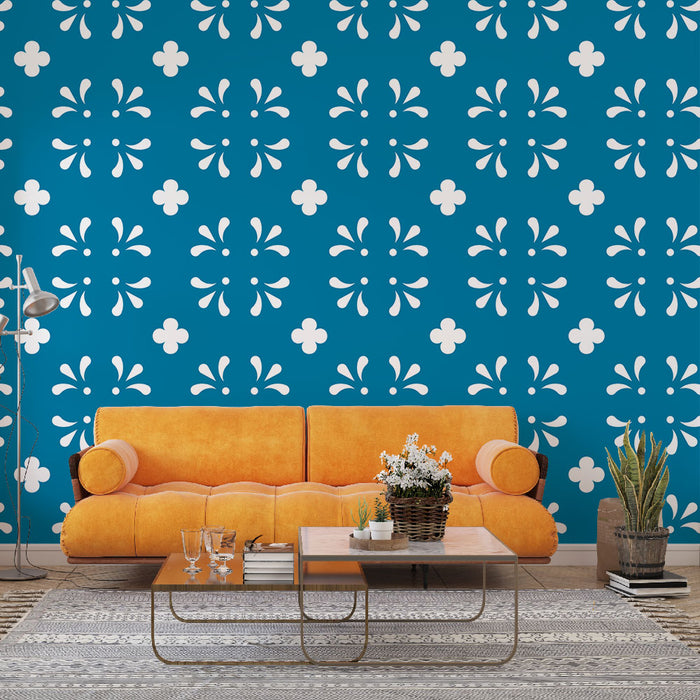 Papier peint floral | Motif blanc sur fond bleu