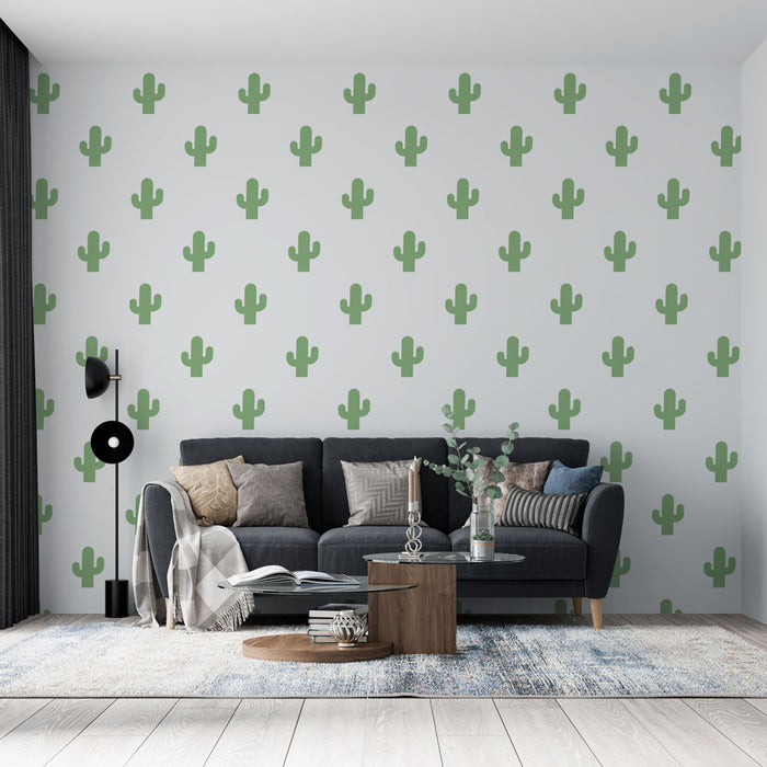 Papier peint cactus | Motif vert sur fond blanc