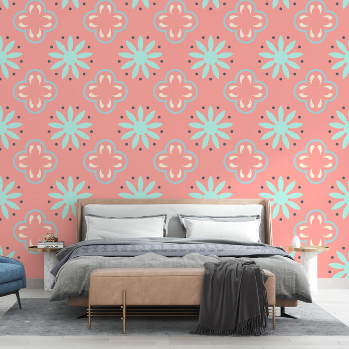 Papier peint floral | Motif rétro corail et turquoise