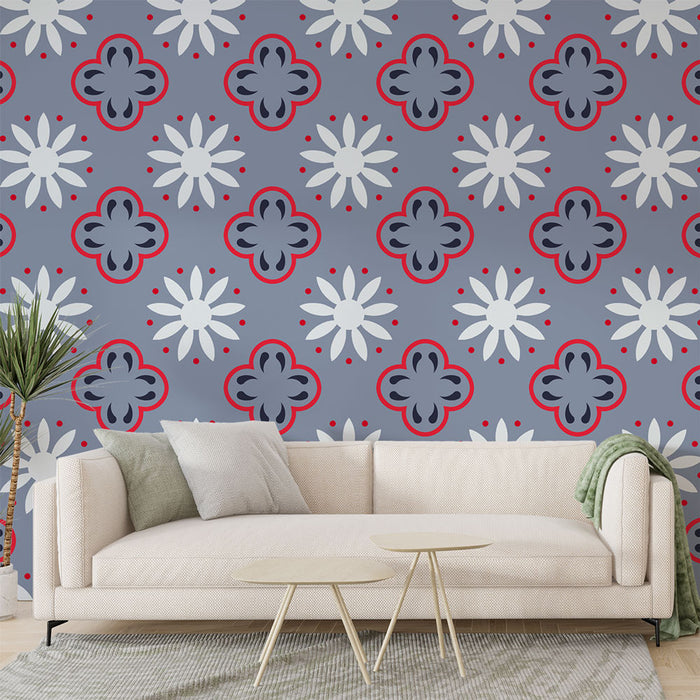 Papier peint floral | Motif rétro bleu et rouge