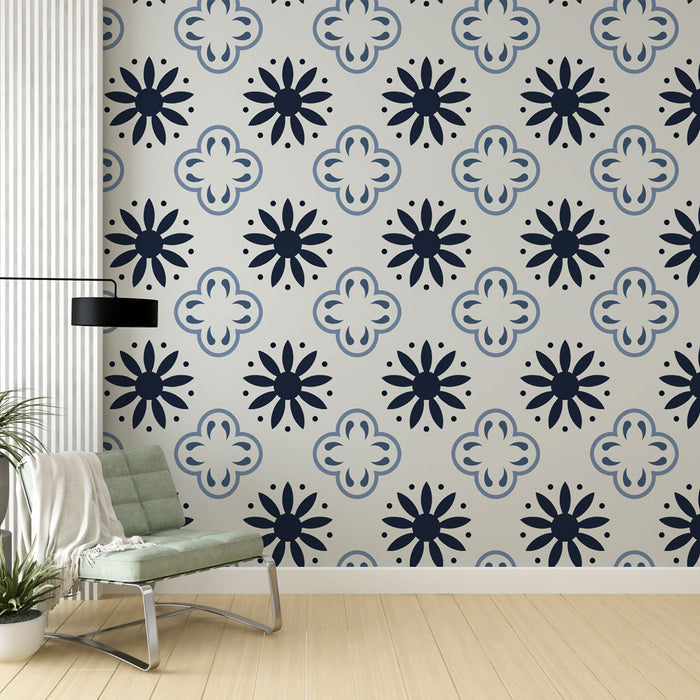 Papier peint motifs floraux | Design élégant bleu et blanc