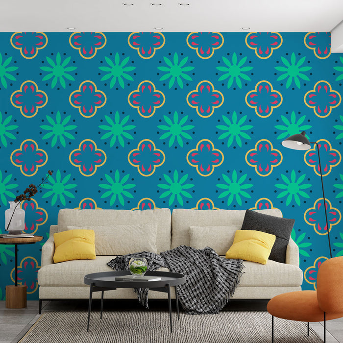 Papier peint floral rétro | Motif bleu et vert