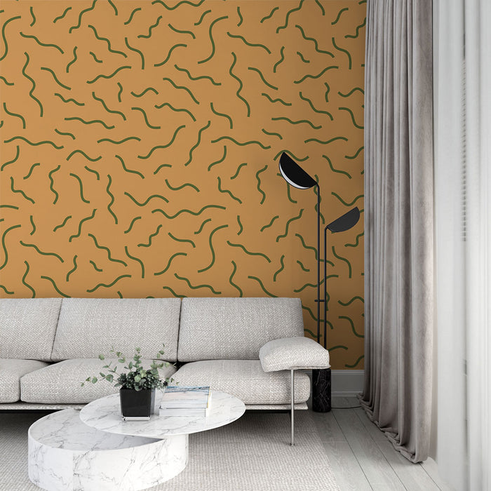 Papier peint abstrait | Motif ondulé vert sur fond orange