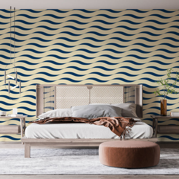 Papier peint vagues | Design ondulé bleu et crème