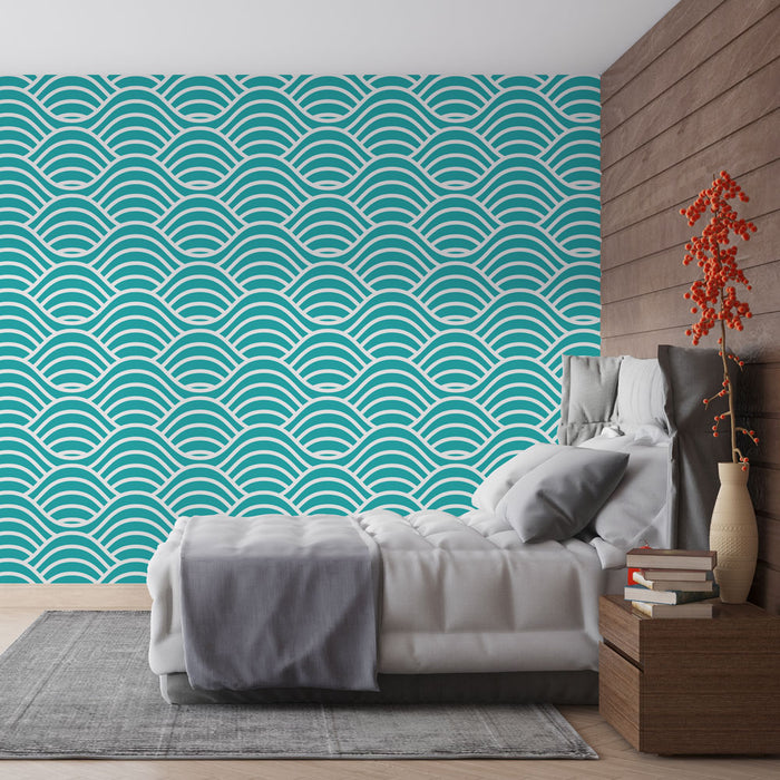 Papier peint vagues | Motif ondulé turquoise et blanc