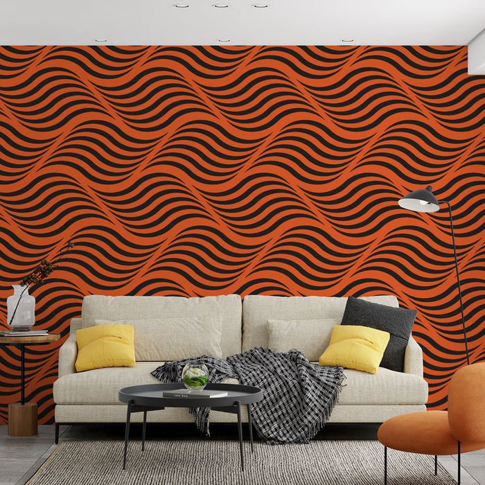 Papier peint ondulé | Motif optique orange et noir