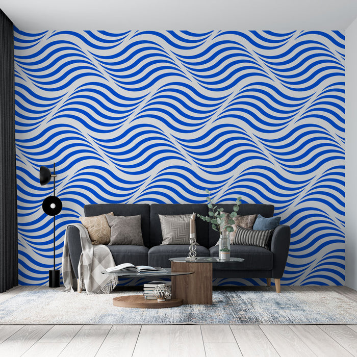 Papier peint vagues | Motif ondulé bleu et blanc