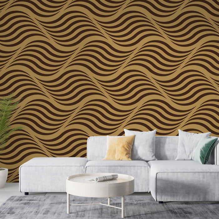 Papier peint ondulé | Design rétro marron et beige