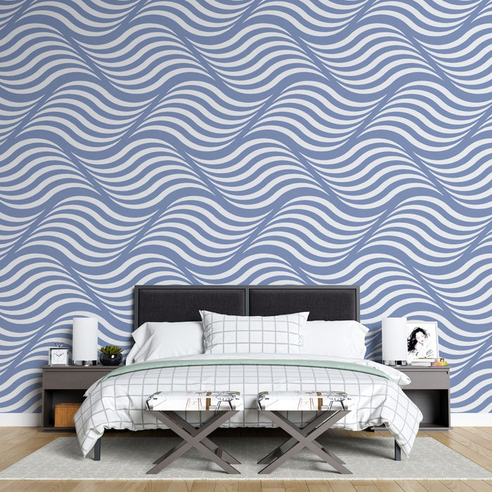 Papier peint vagues ondulées | Motif bleu et blanc