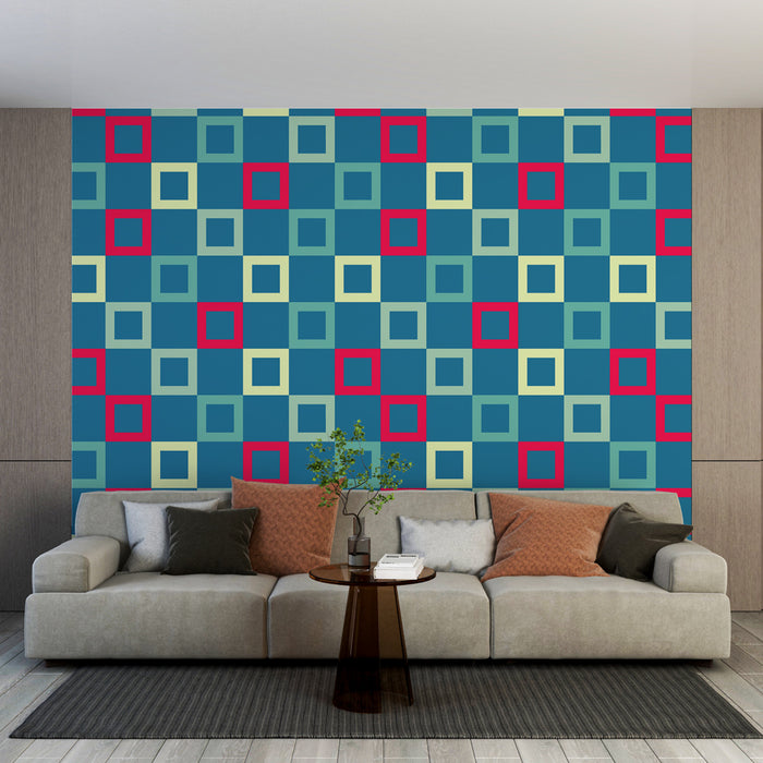 Papier peint moderne bleu avec motifs carrés colorés pour salon contemporain